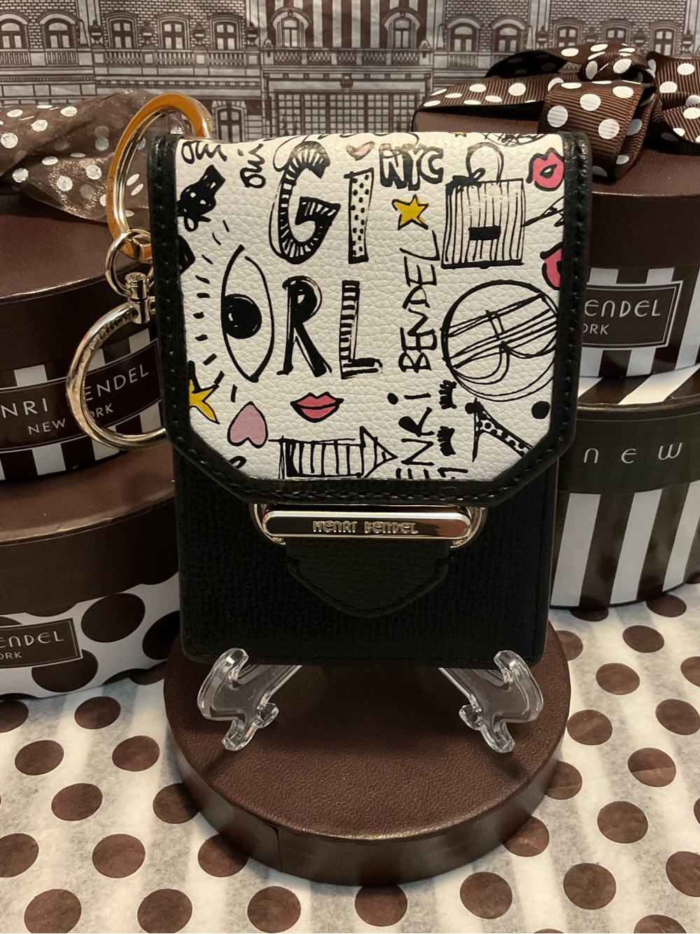 Henri Bendel Pop Art Graffiti Print Flap Card Holder Fob w Clip and Duster